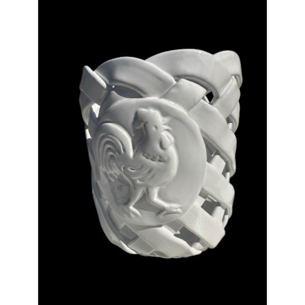 Primogi Italy White Ceramic Rooster Lattice‎ Basketweave Vase Utensil Holder 6in